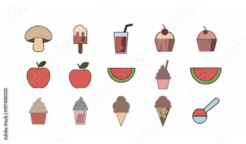 Modern fruit and dessert line icons set with popsicle milkshake ice cream and sweet food vector pa