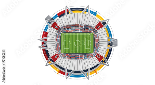 Aerial View of a Modern Football Stadium with Green Field and Colorful Stands