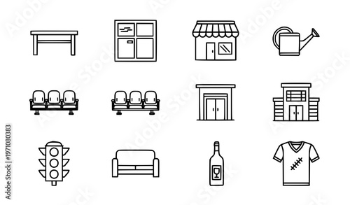 Front view outline icons set with shop window furniture and urban objects editable vector collection