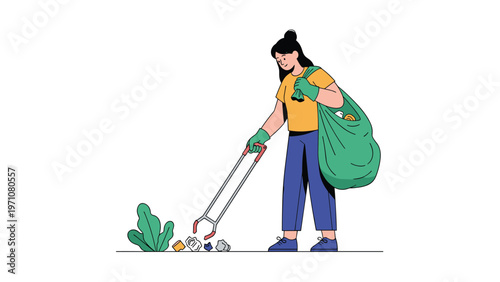 Environmentally conscious woman picking up trash from the ground using a grabber tool and putting it into a large green bag in a park area.