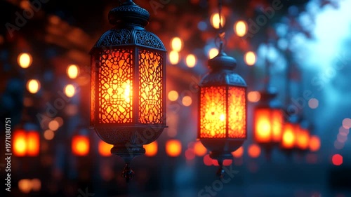 Ornate lanterns glowing warmly in a misty evening market scene