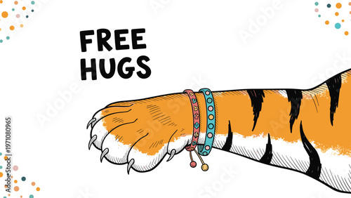 Close up of a tiger paw with colorful bracelets and the text free hugs on a white background with confetti, creating a fun animal message.