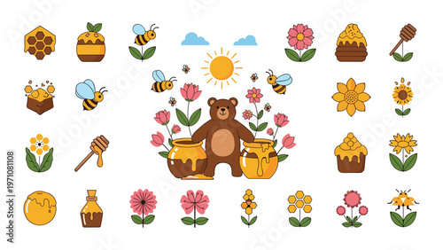 Sweet honey bear and bee themed vector icon set featuring flowers, beehives, honey jars, and sunny garden elements for cute designs.