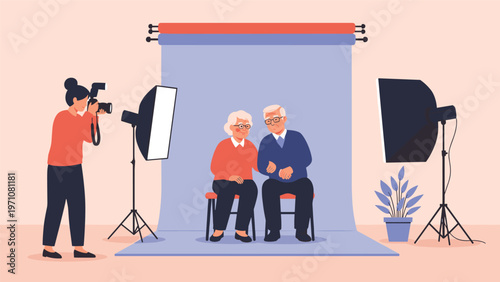 Professional photographer taking a portrait of an elderly couple in a studio setting with backdrops and lighting equipment.