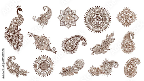 Beautiful collection of mehndi henna tattoo designs featuring peacock motifs, intricate mandalas, and traditional paisley patterns.