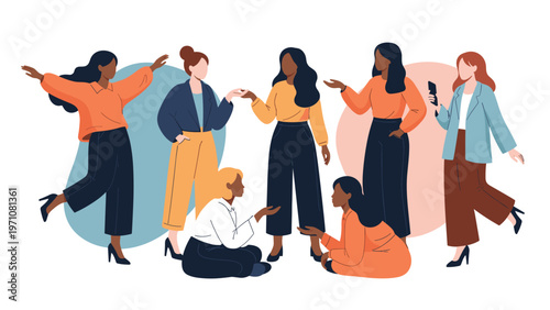 Diverse group of fashionable women standing together and posing in stylish outfits against a background with colorful abstract shapes.