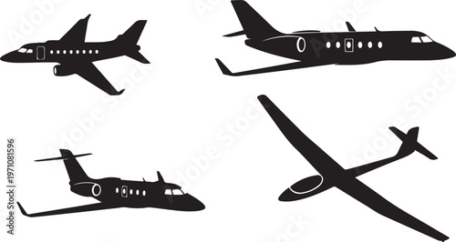 jet airplane private jet glider silhouette set clean black design isolated on white