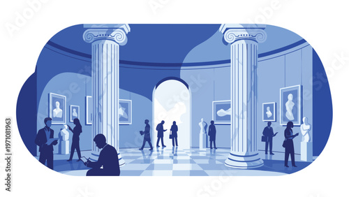 Monochromatic blue illustration of people exploring an art museum filled with classical sculptures and framed paintings on the walls.