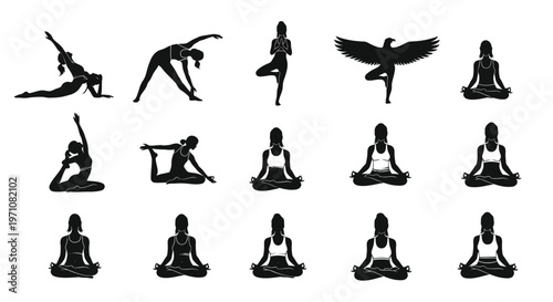 Silhouettes of people performing various yoga and meditation poses in minimalist black and white design isolated on white background