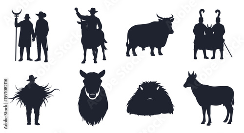 Silhouettes of farmers animals and mythical figures in a playful and imaginative rural scene