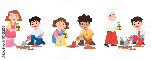 Illustration set of children gardening planting plants