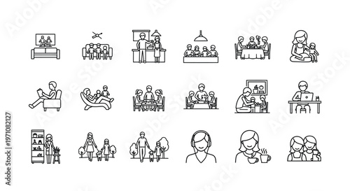 Black and white line icons of groups of people in various social and professional interactions including meetings presentations and casual gatherings minimalist design style