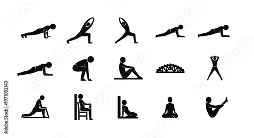 Black silhouettes of people performing various workout exercises and yoga poses minimalist fitness icons isolated on white background