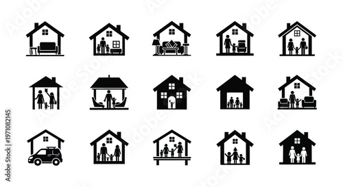 Collection of black and white minimalist icons representing diverse families in homes depicting family life togetherness and community in simple vector style