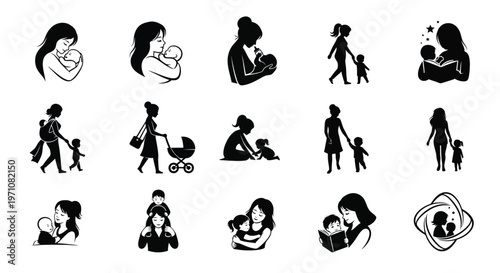 Collection of black silhouettes showcasing mothers and children in various activities including breastfeeding carrying pushing strollers and playing with toddlers