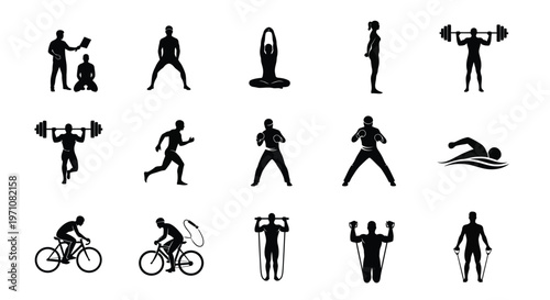 Black silhouettes of athletes performing various exercises including cycling swimming running stretching yoga and weightlifting in minimalist style
