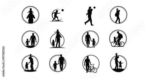 Black and white circular icons depicting silhouettes of people engaged in various outdoor activities including walking cycling and family time