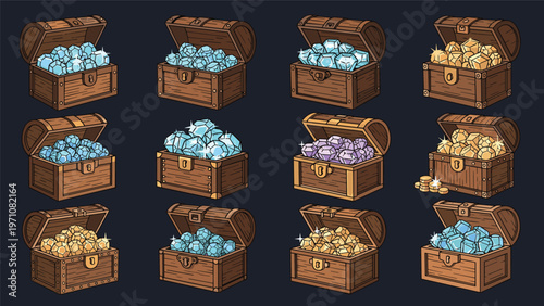 Set of open wooden treasure chests filled with sparkling diamonds and gemstones in various colors like blue, purple, and gold.
