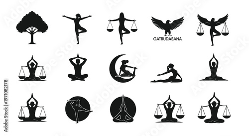 Silhouettes of yoga poses tree scales of justice and spiritual symbols arranged in a minimalist grid
