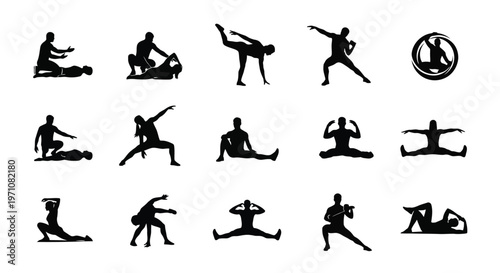 Black silhouettes of people performing various dynamic exercises and stretches in minimalist style