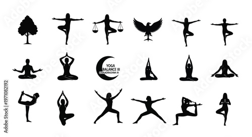 Set of black yoga pose icons including tree warrior eagle and moon breathing exercise symbols minimalist silhouettes on white background for wellness and fitness concepts