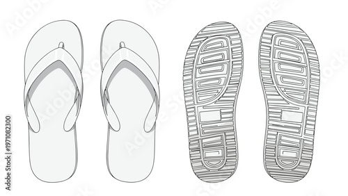Detailed line art illustration of flip-flops showing the top straps and the textured soles from a bottom-view perspective.