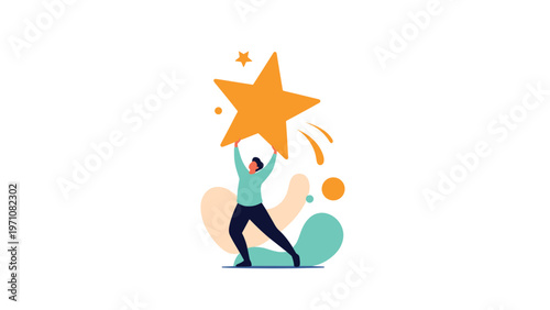 Happy person holding up a large bright gold star above their head to symbolize success, achievement, and positive ratings.