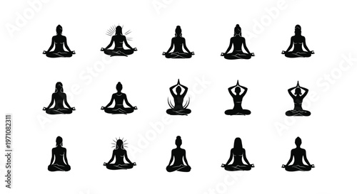 Silhouettes of people meditating in lotus pose and yoga positions arranged in a grid on a clean white background