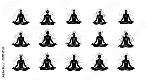 Repeated pattern of black silhouettes in meditation pose with glowing auras isolated on white background