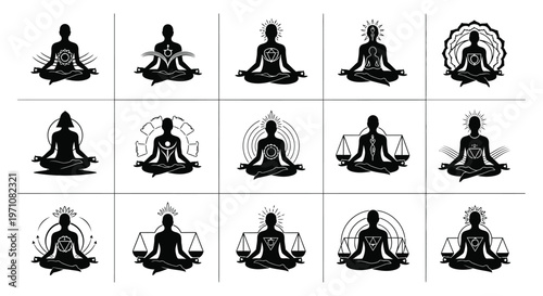 Silhouettes of meditating figures in various yoga poses with geometric and abstract backgrounds black and white style minimalist design