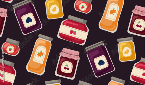 Vector seamless pattern with berry jams on dark background. Texture with colorful bottles with berries