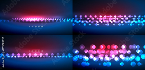 Abstract backgrounds feature vibrant blue, purple, pink gradients. Bokeh effects create dynamic light patterns. Modern design elements present sleek visuals.