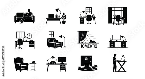 Set of minimalist black and white icons depicting modern home and office scenarios including workstations relaxation areas and everyday activities in a clean flat design style