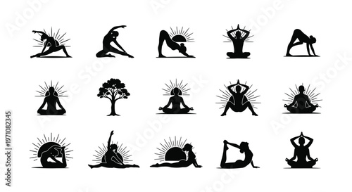 Silhouettes of yoga poses in meditative and relaxing scenes with nature elements and sunburst backgrounds