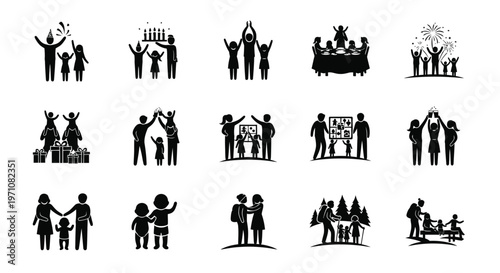 Silhouette icons of people celebrating collaborating and connecting in various social and professional scenarios