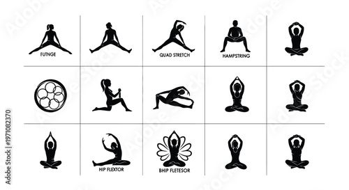 Black and white illustrations of yoga poses in minimalist style including tension warrior chair and lotus positions
