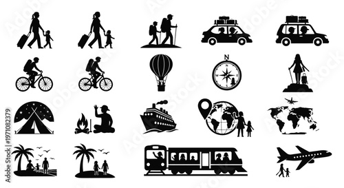 Collection of black and white travel icons featuring silhouettes of people vehicles and activities like hiking cycling flying and sailing
