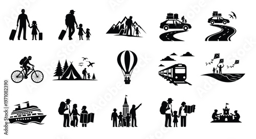 Set of black travel icons featuring family activities outdoor adventures and transportation methods for vacations