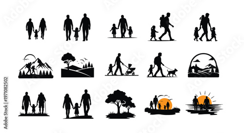 Silhouette collection of families couples and individuals in various outdoor activities including hiking camping and walking in nature