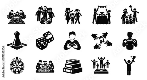 Black and white icons depicting various leisure activities including board games darts video gaming and group celebrations for entertainment and fun