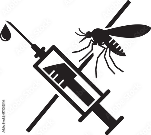 Mosquito control and vaccination concept with a syringe and a mosquito representing disease prevention and treatment vector graphic
