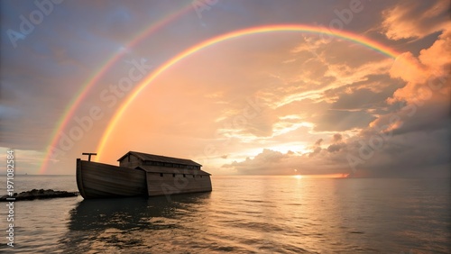 Dramatic sunrise over ocean with Noahs ark and colorful rainbow spiritual biblical illustration concept