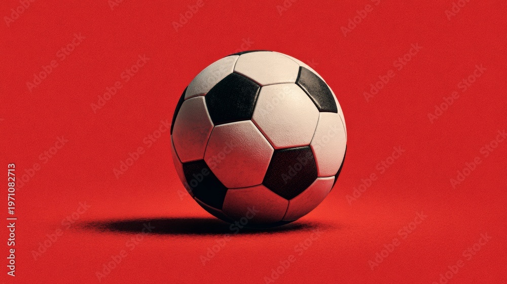 Naklejka premium Classic black and white soccer ball positioned on a vibrant red background, showcasing its distinct pentagonal and hexagonal panels in a clean, minimalistic design