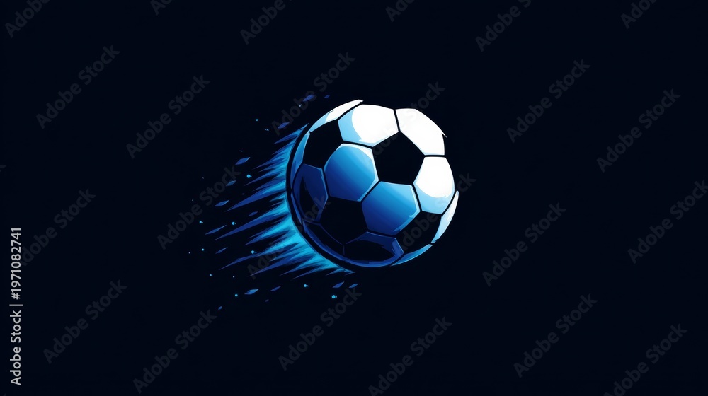 Fototapeta premium Soccer ball in motion with a dynamic blue trail on a dark background, illustrating speed and energy in sports design