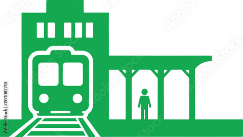 Green train station platform with pedestrian and train