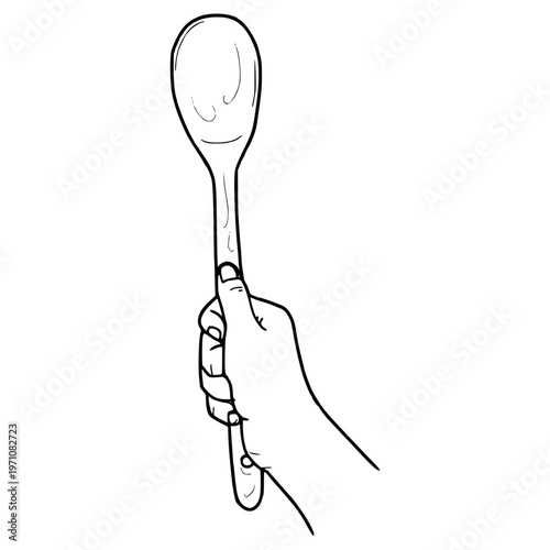 hand holding wooden stir spoon illustration hand drawn outline vector