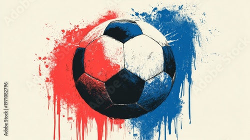 Soccer ball illustration with red and blue paint splashes on a light background, showcasing a dynamic and artistic representation of the sport
