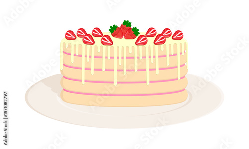 Sponge cake with milk chocolate icing and strawberries. White background.