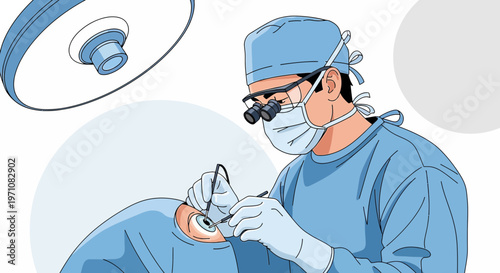 Ophthalmologist performing eye surgery with surgical microscope and instruments
