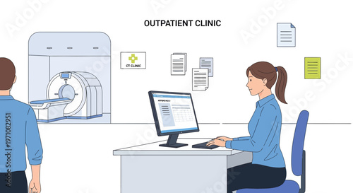 Outpatient Clinic: Patient Registration and MRI Scan Room with Medical Equipment